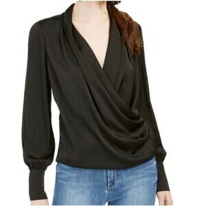 NWT Band of Gypsies Black Satin Balloon Sleeves Wrap Top Size Medium